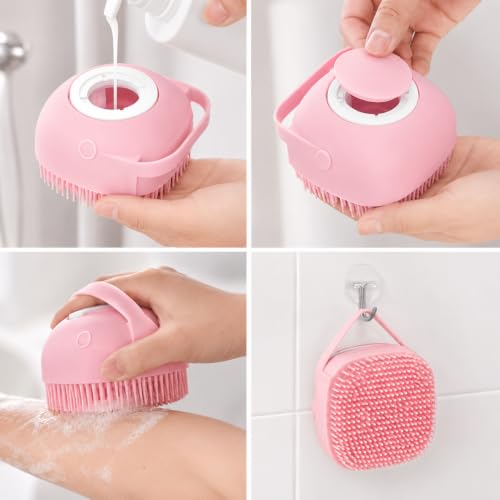 Dog and Cat Bath Brush with Shampoo Dispenser, Silicone Pet Grooming Brush for Dogs Cats, Soft Massage Scrubber for Bath, Easy Clean Ergonomic Pet Shower Brush for Small Medium Pets Pink - color: Pink