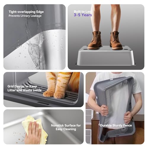 Stainless Steel Cat Litter Box, Free Metal Litter Box with High Sides Lid, Open Top Litter Pan Include Scoop - color: Warm Grey XXL