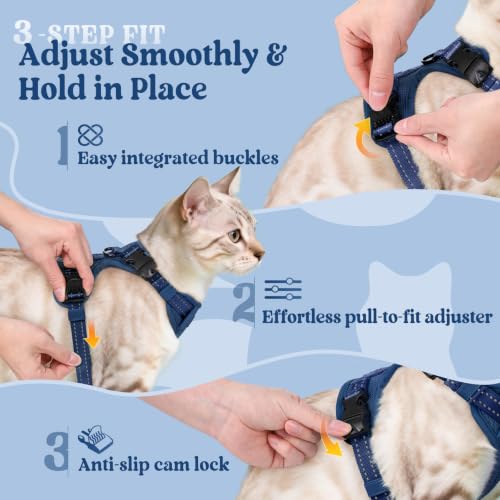 rabbitgoo Cat Harness and Leash Set, Easy-on with Neck Buckle, Navy Blue | Escape Proof, No Over-the-head, Soft Air Mesh, 3 Lockable Adjusters & Buckles, Reflective, for Kittens & Small Cats Walks, Xs - color: Navy Blue, size: Xs