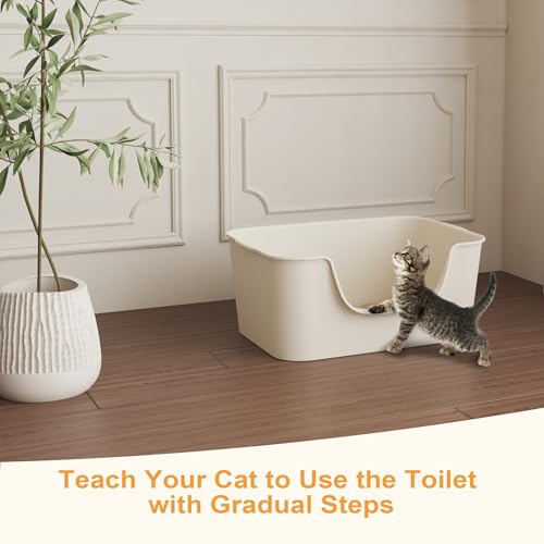Low Entry Cat Litter Box with High Sides - Open-Top Anti-Splash, Durable Easy-Clean Pan for Kittens, Munchkin Cats, Senior Medium-Sized Cats & Small Pets (Rabbits), 19.3”x13.3”x7.8” Beige