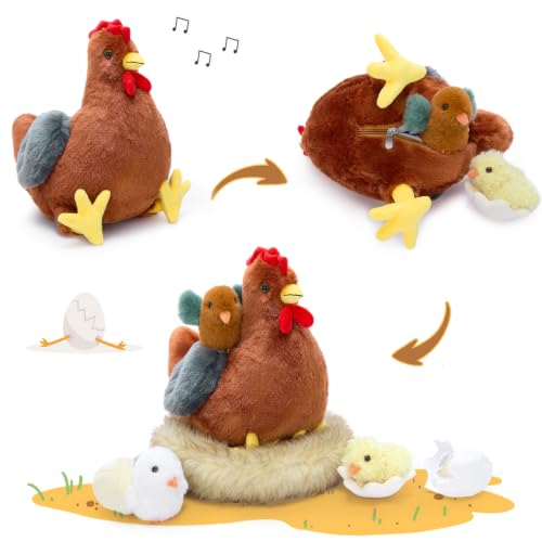 7Pcs Chicken Plush Toy with Babies, 14" Hen Stuffed Animal Set | Mother Chicken Plushie with 3 Chicks, 2 Eggs & 1 Nest; Farm animal Plush; Hide-and-Seek Play; Christmas Easter Gift for Kids - style: Chicken Brown