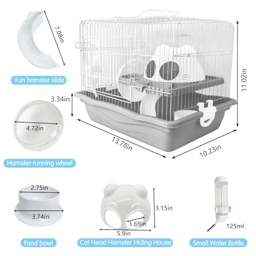 PINVNBY Dwarf Hamster Cage, Small Animal Cages, 2-Tier Travel Portable Mouse Cage Hamster Carrier with Castle House Running Exercise Wheels, Water Bottle and Food Dish（Gray） - color: Gray, size: L: 13.78x10.23x11.02in