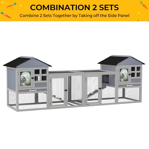 48" L Large Rabbit Hutch Outdoor Indoor, Expandable 2-Story Wooden Bunny Cage with Run, Removale Tray, 3 Entrances, Grey + Colorful Pattern