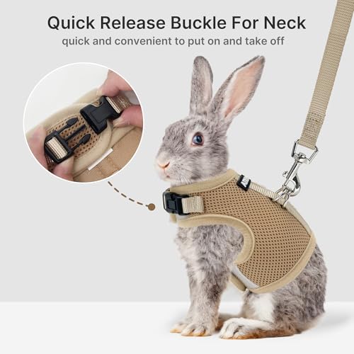 Adjustable Rabbit Harness and Leash Set Escape Proof, Beige M | Padded Vest with Magic Tape Design, Indoor/Outdoor Use (Training, Hiking) - Fits Hamsters, Rats, Iguanas, Puppies, Cats - color: Khaki, size: M