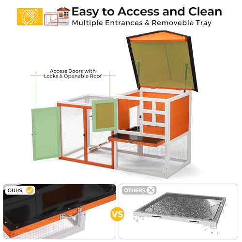 48" L Rabbit Hutch Outdoor Indoor, Expandable 2-Story Large Wooden Bunny Cage with Run, Removale Tray, Top-Opening Waterproof Roof, 2 Doors, DIY Drawing Board, Orange + Colorful Pattern
