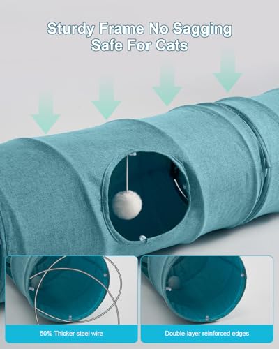 Cat Tunnel, 3 Straight Shaped Tunnels 6 DIY Shapes with Wand Toys, No Noise Scratch Resistant Cool Linen Fabric, Interactive Pet Tunnel Tube for Indoor Cats, Puppy and Rabbits - color: Blue