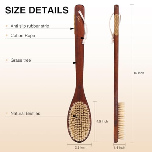 Wooden Bath Brush with Stiff Sisal Bristles Long Handle for Shower Back Scrubber Body Exfoliator, with Hook for Hanging (Stiff Sisal Hair) - color: Stiff Sisal Hair