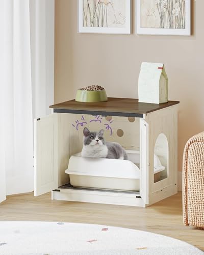 Hzuaneri Cat Litter Box Enclosure, Hidden Litter Box Furniture with Divider | Wooden Cat Cabinet with Removable Dividers, Reversible Entrance Left or Right Side, Cat Washroom, Rustic White Brown CB84514X - color: Rustic White and Brown, size: 23.6"L x 19.
