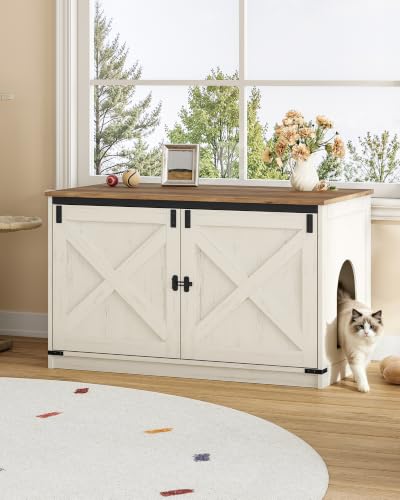 Hzuaneri Cat Litter Box Enclosure, Hidden Litter Box Furniture with Divider | Wooden Cat Cabinet with Removable Dividers, Reversible Entrance Left or Right Side, Cat Washroom, Rustic White Brown CB84714X - color: Rustic White and Brown, size: 39.4"L x 21.