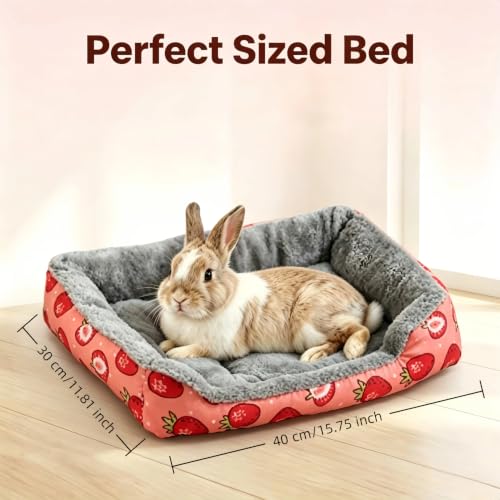 Bunny Bed, Pink Strawberry Plush Rabbit Guinea Pig Bed with Non Slip Bottom, Cozy Bed for Ferret Hamster and Other Small Animals