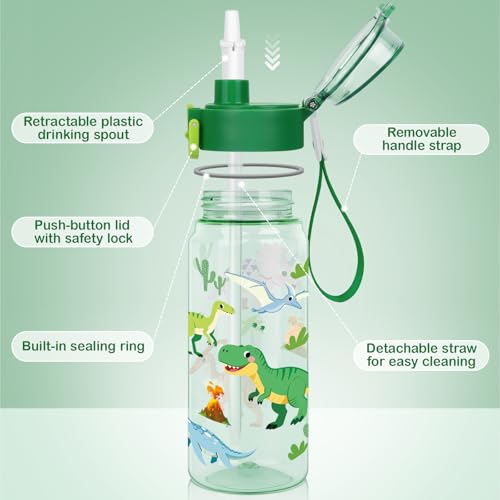 Tritan Kids Water Bottle for School, 18.6 Oz Leakproof Toddler Water Bottle | with a Pop-up Detachbale Straw, 2-in-1, Dishwasher Safe, 1-Pack, Dinosaur - color: Dinosaur