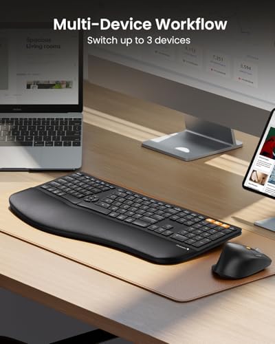 ProtoArc EKM01 Plus Wireless Ergonomic Keyboard Mouse Combo - Black | Full-size Split Keyboard with Cushioned Wrist Rest, Ergonomic Mouse, 3-Device Bluetooth/2.4G, USB-C Rechargeable - color: Black
