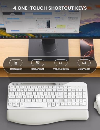 Wireless Keyboard and Mouse Combo with Ergonomic Wave Key | Leather Soft Palm Rest, Rechargeable, 4-Level DPI, Phone Holder, 2.4GHz, MA22 Plus Full Size Set for PC, Laptop, Windows, Mac - color: Cloudy White