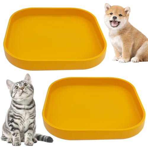 Fhiny 2PCS Silicone Cat Bowls Set 7.1 x 7.1 in Shallow Dog Dish Whisker Friendly Cat Food Plate for Dry & Wet Food Dishwasher Safe Non-Slip Pet Feeding Bowls for Kittens and Puppies (Yellow) - color: Yellow
