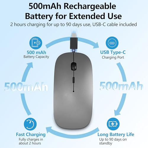 Slim Bluetooth Wireless Mouse with Jiggler - Gray | Rechargeable Portable Mouse, BT5.2 & 2.4G, USB-C/USB-A Receiver, Adjustable DPI for MacBook, iPad, Laptop & PC - color: Gray
