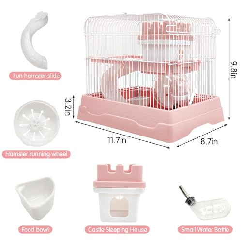 PINVNBY 2-Tier Dwarf Hamster Cage, Travel Portable Guinea Pig Cages Rat Cage and Habitats Small Animal Carrier with Castle House Running Exercise Wheels, Water Bottle and Food Dish (Pink - color: Pink, size: M: 11.7x8.7x9.8in