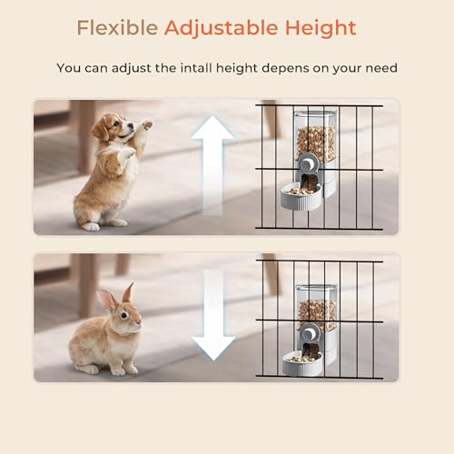 41 oz Hanging Gravity Feeder for Small Animals, Rabbits & Guinea Pigs | Adjustable Cage Height | No-Open-Cage Refill | Space-Saving | Clear Reservoir | Versatile Food Compatibility - color: Grey
