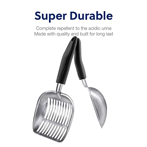 Cat Litter Scoop, Aluminum Alloy Sifter, Kitty Metal Scooper, Deep Shovel, Long Handle, Poop Sifting, Kitten Pooper Lifter, Durable, Heavy Duty, for Litter Box - color: FLAT Aluminum \ #06 Black Handle, size: Large
