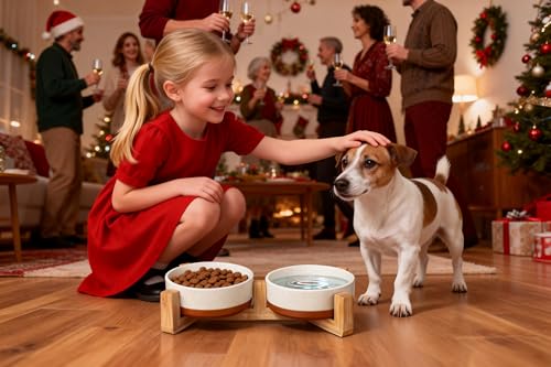 MALACASA Ceramic Dog Bowls Small Size Dog with Wood Stand, 1.5-Cup Ceramic Puppy Bowls for Cats & Small Dogs, Dual Food and Water Bowls with Weighted Non-Slip Base, Glaze Matte,14 Oz - color: Vanilla White（2 PCS with Stand）, size: S-1.5 Cups
