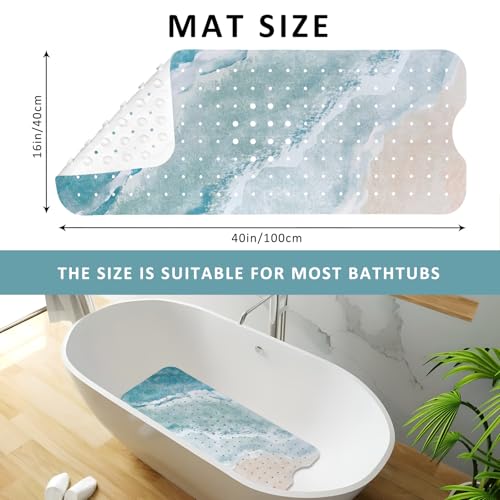 Beach Bathtub Mat Non Slip, Baby Bath Mat for Tub Rubber Tub Mat, Kids Bath Mats for Bathroom Ocean Waves Anti Slip Shower Mat with Suction and Drain Holes Machine Washable, 40″X16″ - color: C03, size: 40" x 16" (Rectangular)