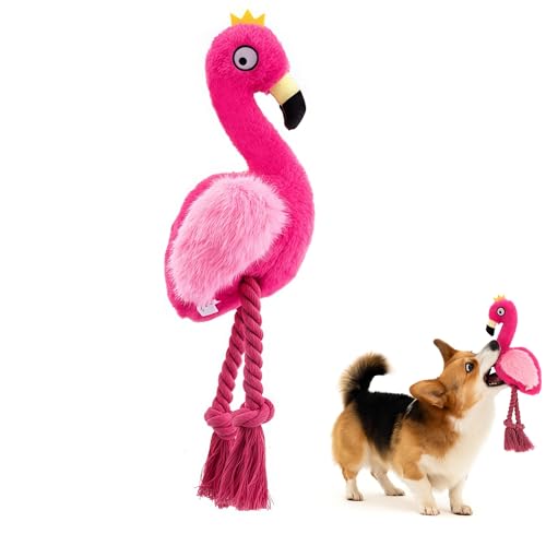 Plush Flamingo Dog Toy with Squeaker and Rope Legs for Small Dogs Puppies | Soft plush material with fun sounds, perfect for tugging, fetching, indoor play and bonding with your furry companion. - color: Pink Flamingo