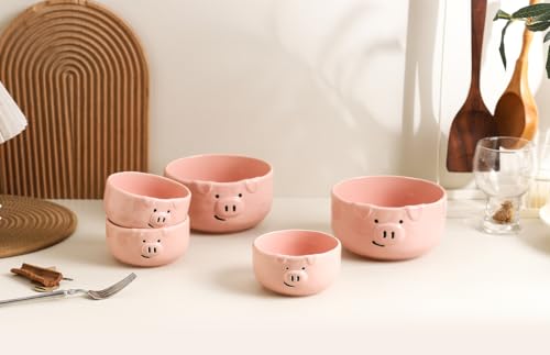Pig Shaped Ceramic Bowl Set, Pink, 2-Piece | 40 oz Capacity, 6.4 Inch Size, Ramen, Soup, Salad, Cereal and Pasta - size: 40 oz