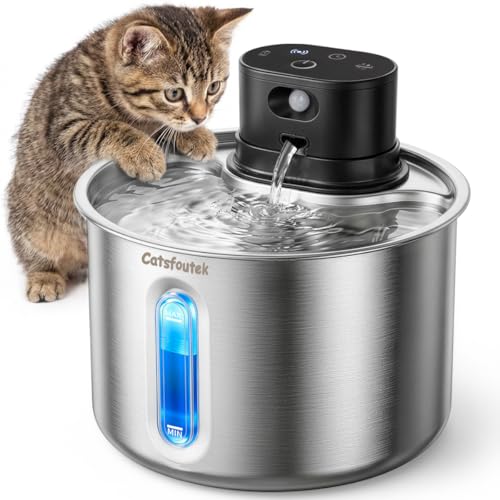 Cordless Stainless Steel Cat Water Fountain Battery Operated Pet Fountain | 74oz/2.2L Wireless Pet Water Fountain for cats indoor- Quiet Automatic Cat Fountain with 5000mAh Battery -Easy to clean