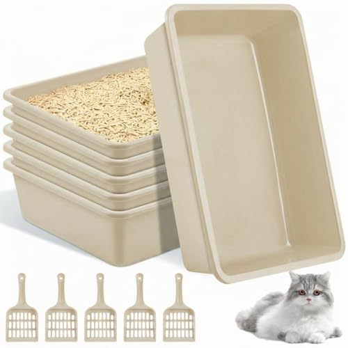Amyhill 5 Pcs Open Cat Litter Box Kitten Litter Pan with 5 Scooper Medium Plastic Pet Tray Durable Nonstick Kitten Box for Indoor Pets Cats Rabbit Supply Easy to Clean, 14.6x10.6x3.4 Inch (Brown) - color: Brown