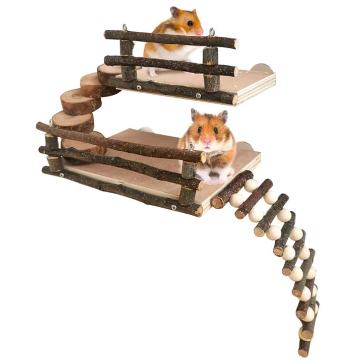 Fhiny Hamster Climbing Toys, 2 Layer Wooden Activity Platform with Bridge Hanging Playground Cage Accessories Hamster Wood Chewing Toys for Dwarf Hamsters Gerbils Small Pets