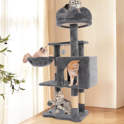 Cat Tree Tower with Hammock,40" Cat Trees for Indoor Cats Large Adult(Grey) | Modern Cat Tree Tower with Scratching Post, Cats Condo Furniture with Cloud Top Perch, Cats Climbing Tower for Kittens - color: Grey