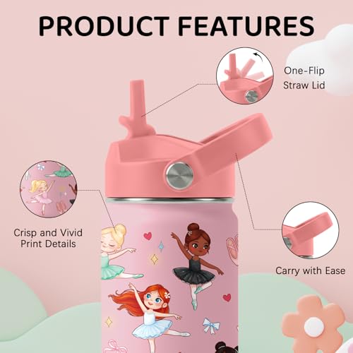 Ballet Water Bottle for Son & Daughter, Stainless Steel Insulated Tumbler with Straw Lid and Handle, 12oz Reusable Leak-Proof Bottle for Sports - color: Ballet-Pink