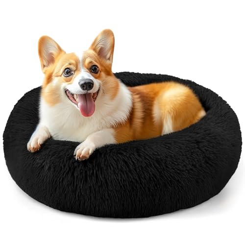 28in Large Dog Bed, Medium Size Dog and Cats, Calming Donut Bed for Puppy and Kitten, Washable Round Fluffy Pet Bed (Black) - color: Black, size: 28.0"L x 28.0"W x 8.0"Th