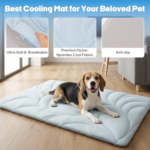 Dog Cooling Mat 5.0 Version Built-in Ice Pack, Long-Lasting Cool | 6–8h Cooling, Ultra Thick Soft Vine Pattern Pet Cooling Mat, Washable Foldable Large Cooling Pad for Indoor, 35" x 27" - color: Baby Blue, size: Large
