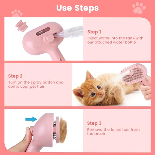 Steam Brush for Shedding Pets - Self-Cleaning Grooming Comb with Water Tank for Long & Short Haired Cats and Dogs (Pink) - color: Pink