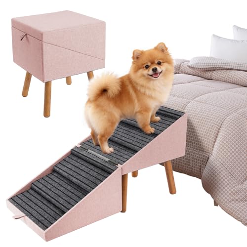 Dog Ramp for Bed & Couch, Dog Stairs 21.06 inches High for Large/Medium/Small Doggie,Split Ottoman Foldable 2 in 1 Wooden Pet Steps for Older and Injured Dogs, No-Slip Surface(Pink) - size: 21.06" H- Pink