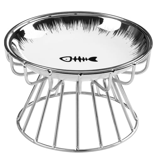 Cat Bowls, Elevated Bowl, Raised Ceramic Dish with Metal Stand, Pet Water or Food Feeding Station for Indoor Cats, Kitten,Dishwash Safe - color: Glossy Sliver