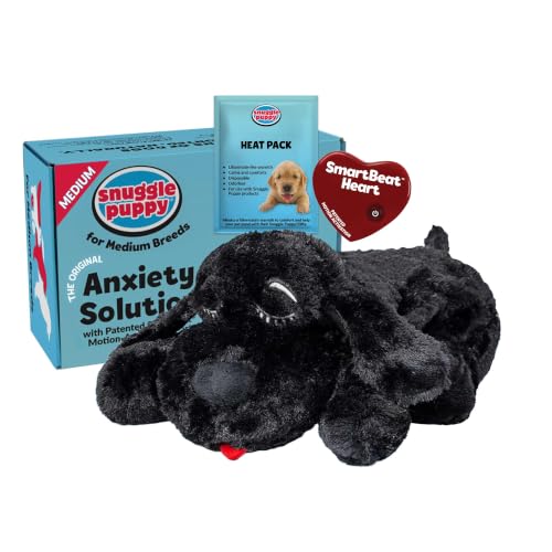 Snuggle Puppy Heartbeat Dog Toy for Puppies, Real-Feel Heartbeat, Calming Sleep Aid and Crate Training Comfort Toy with Heat Pack, Black Plush Design | Calming heartbeat toy, crate training comfort, heat pack, new puppy essentials, first nights, sleep, me
