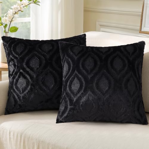 decorUhome Faux Fur Plush Soft Black Throw Pillow Covers 16x16 Set of 2 | Wool Solid Fall Couch Pillow Covers, Accent Modern Farmhouse Neutral Decorative Square Pillow Cases for Sofa Bed Living Room - color: Black, size: 16" x 16" (Pack of 2)