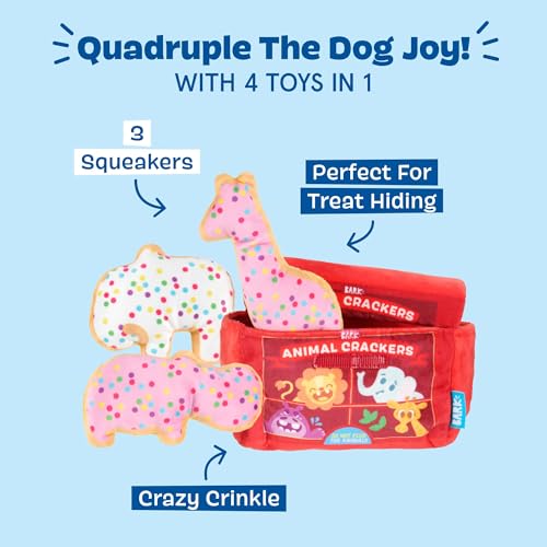 BarkBox Animal Squeakers 4-in-1 Interactive Plush Dog Toy | Squeaky Dog Toys with Crinkle Box and Treat-Hiding - For Extra Small to Small Dogs and Puppies - color: Animal Squeakers Snacks
