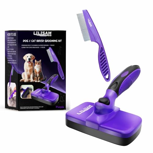 Pet Self Cleaning Slicker Brush and Grooming Comb - Gently Removes Loose Hair, Tangles, and Dirt - Skin Friendly Deshedding Grooming Tool for Hair Dogs & Cats - Pet Supplies Accessories (Purple) - color: Purple