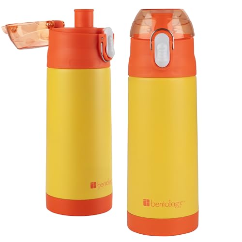 Bentology Stainless Steel 13 Oz Reusable Water Bottle for Kids, Yellow | Double Wall Insulated, Spill Proof Lid W/Built-in Straw- Keep Liquids Hot or Cold- Easily Fits in Lunch Boxes & Bags - color: Yellow