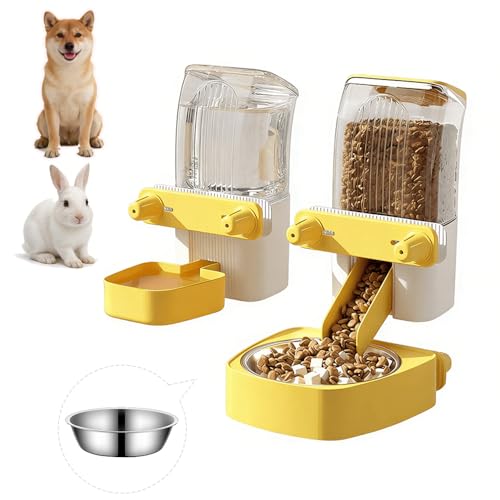 2-Pack Cage-Style Large Capacity Hanging Automatic Pet Feeder & Water Dispenser 50oz/1500ml,for Cages 0.98" Max Inner,1.77"-2.56" Outer,for Small/Medium Dogs, Cats, Rabbits & Guinea Pigs - color: Yellow