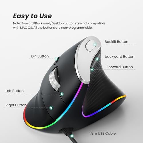 Nulea M504 Wired Vertical Mouse, USB Optical Ergonomic Mouse Wired with 4 Adjustable DPI, 11 RGB Backlight Modes, Compatible for Laptop, PC, Desktop, Mac, Black - color: B-Black