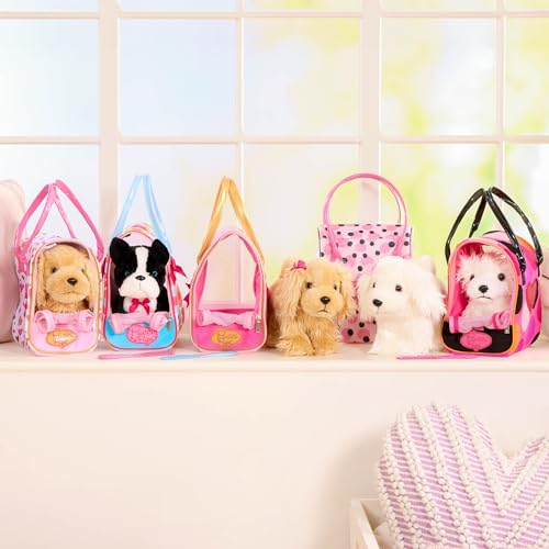 Pucci Pals Plush Puppy Carrier Set, Cocker Spaniel, Heart Print Bag, Pet | 3-piece plush pet set with Cocker Spaniel puppy, comb, and 8 x 6 x 9 in heart print carry bag for grooming and, 2+ Years - style: Cocker Spaniel - Gold & Pink Bag