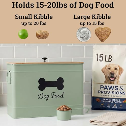 Metal Dog Food Container 15-20 lbs w/ Airtight Bamboo Lid, 70 Cup Capacity | Pet Jar For Dogs up to 100lbs, Airtight Bamboo Lid, Sturdy Comfortable Metal Handle, Powder Coated Iron, Kibble Storage Bin - color: Sage Green