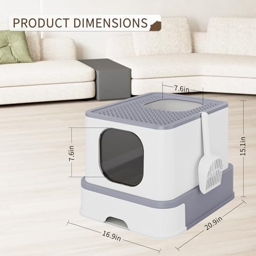 RIZZARI Stainless Steel Cat Litter: Enclosed, Top Entry, Easy Clean | Teflon Non-Stick Coating / High Splash Sides / Odor-Control Seal / Slide-Out Sifting Drawer / Leak-Proof / Multi-Cat & Garage - color: Gray