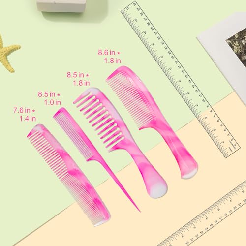 Pink Hair Comb Set - Wide Tooth, Fine Tooth, Rat Tail, and Dual Comb for Women and Men - color: pink