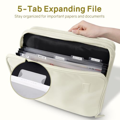 SUNEE Zippered Binder Bag with Handle, 2-Inch 3-Ring O-Ring, 500-Sheet Capacity, Includes Zip Pocket, 5-Tab Expanding File Folder, Multi-Pocket Organizer Binder for Middle School, Soft Beige - color: Soft Beige
