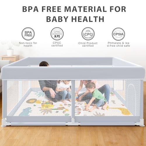 XVISHX Baby Playpen with Mat, 65 x 50 Inch Play Pen Playards, Playpen for Babies and Toddlers, Baby Playard for Indoor & Outdoor Active Center Game Fence, Skin-Friendly Fabric and Soft Breathable Mesh - color: Grey, size: 65 × 50 Inch + Mat
