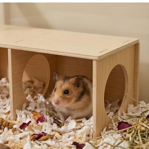 Hamster Hideout Tunnel and Hamster Bridge Set, Wooden Hamster Cage Accessories, Hamster Platform and Hamster Toys, 2-Chamber Multi-Room Climbing Toy for Syrian Dwarf Hamsters, Gerbils, Rats